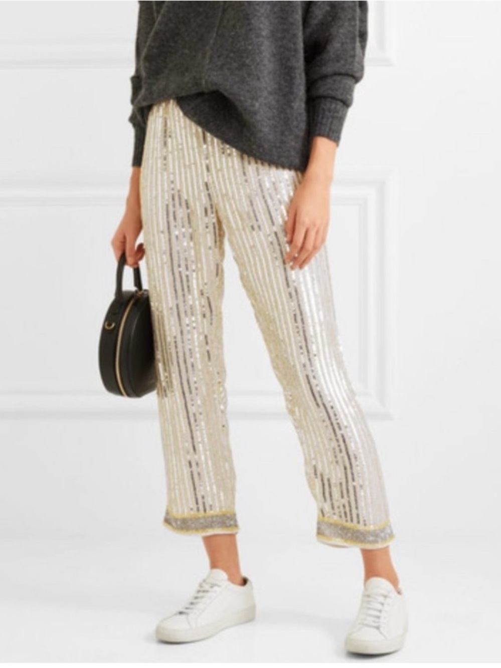 GANNI Temple cropped pants US 10 DK 40 gold sequined ankle trouser zip closure